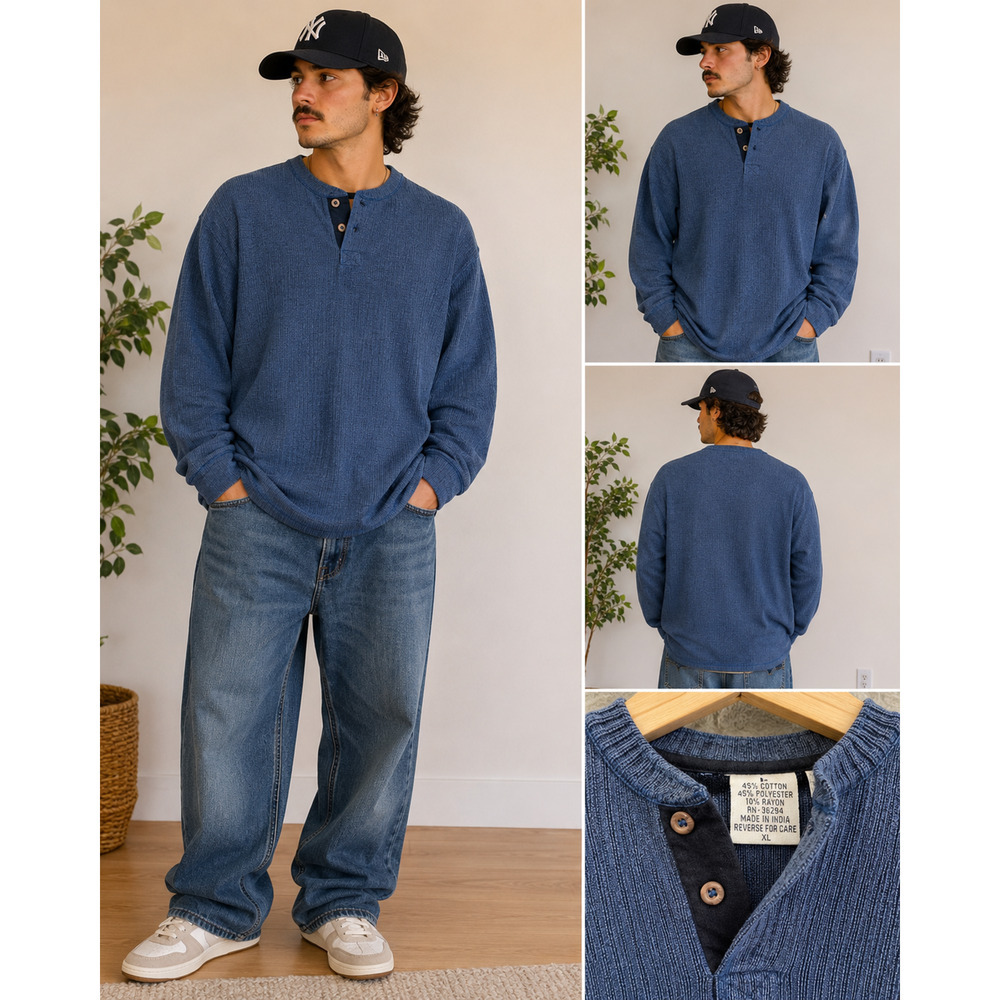 Vintage Blue Textured Henley Sweater Pullover Mens XL Ribbed Grandpa Core